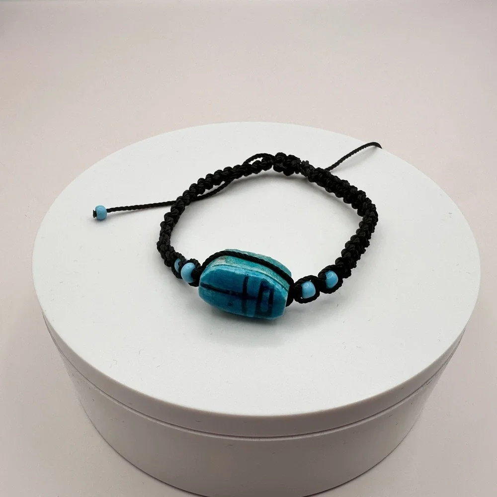 Vintage 90s Egyptian Scarab Bracelet Blue Glass Stone Braided Cord Boho Jewelry